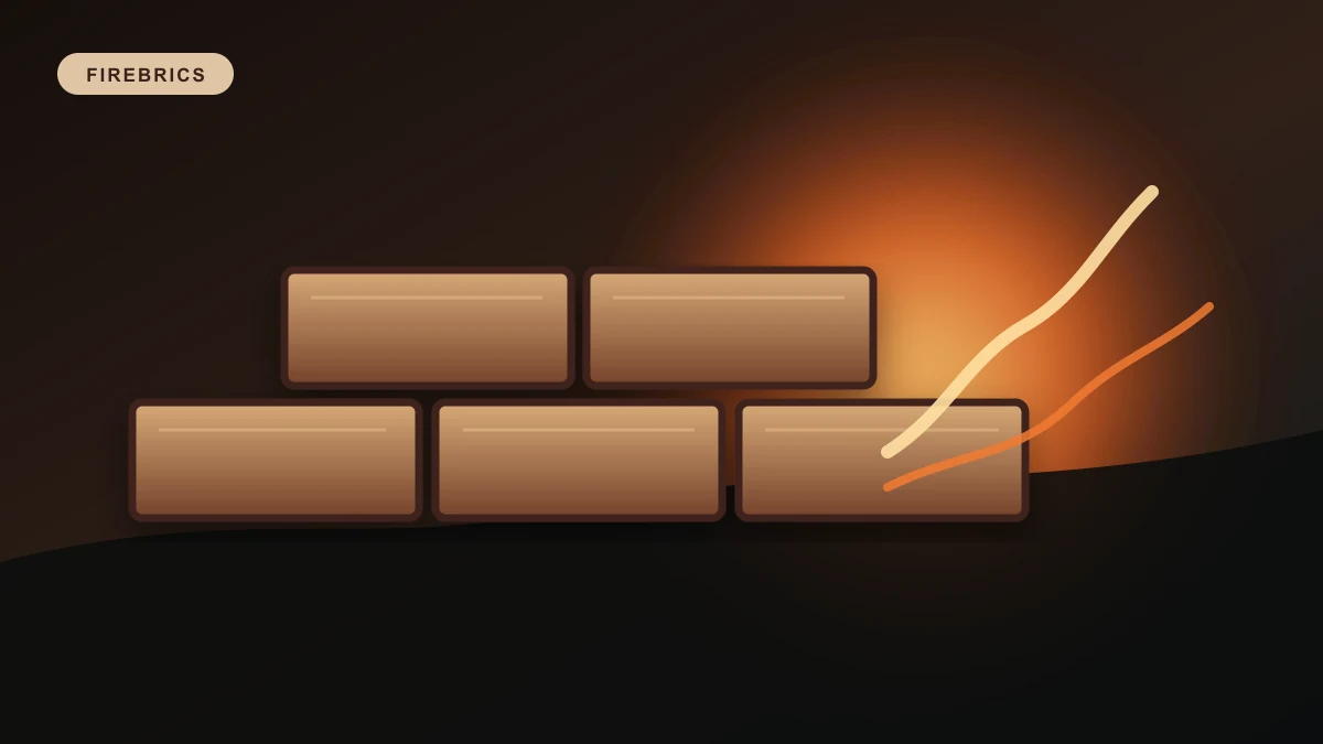 Warm kiln light behind a stack of refractory bricks in a dark industrial setting